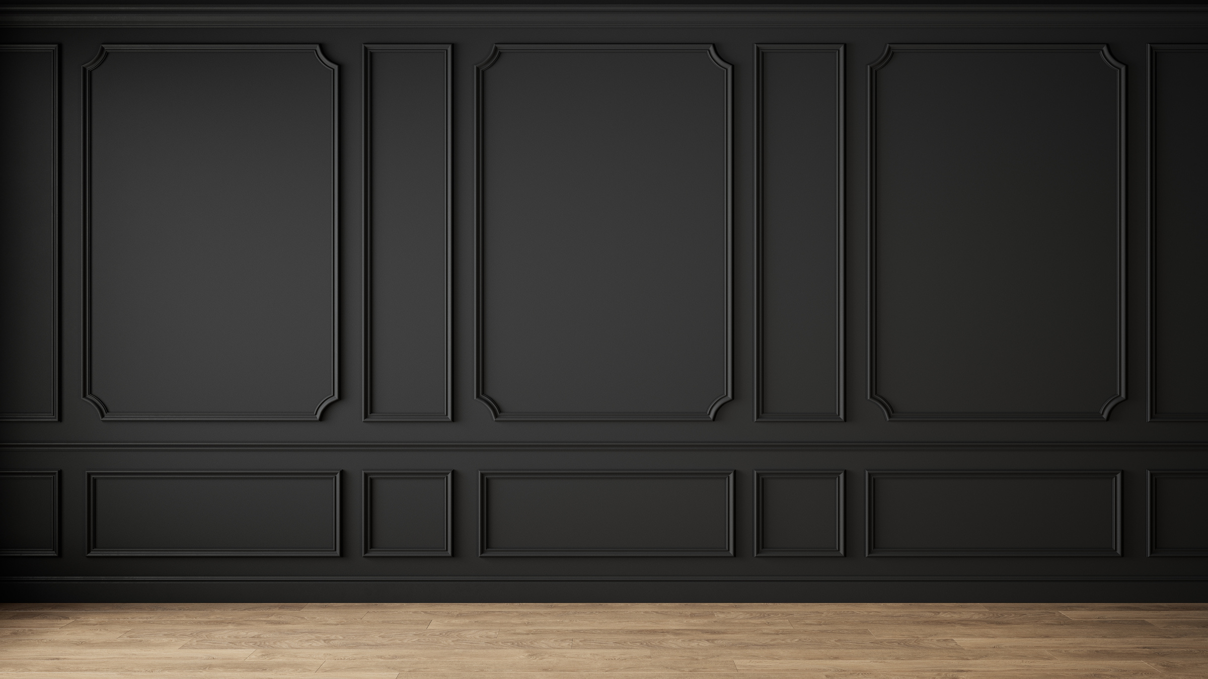 Modern classic black empty interior with wall panels and wooden floor.